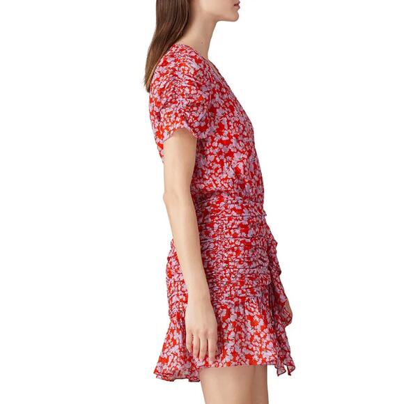 Tanya Taylor Red Floral Mini Wrap Dress Size 4 Silk Chiffon Ruched Designer $500 - Picture 2 of 13